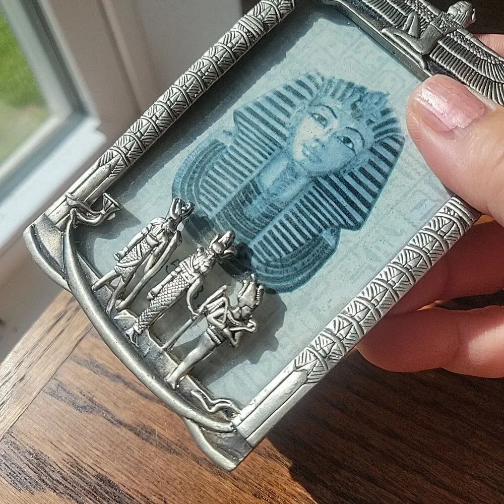 Vtg Egyptian Art Deco miniature photo frame Gods Hieroglyphs Silver 2.5x3.5